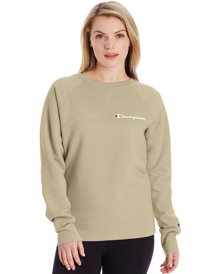 Champion Dame Sweatshirt Khaki - Powerblend Fleece Classic Crew Script Logo - Danmark BFE-635918